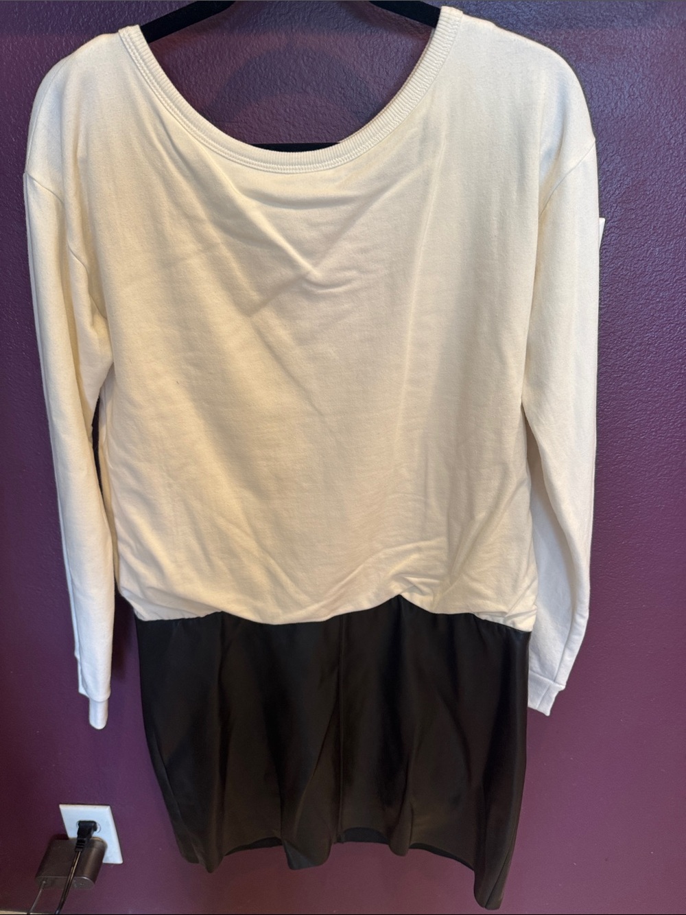 Women’s Two-Tone Cream and Black Long-Sleeve dress faux leather on the bottom